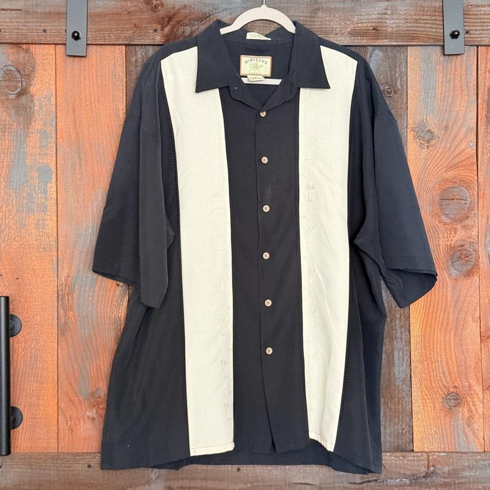 Hibiscus Hawaii Black White Panel‎ Camp Shirt Short Sleeve XXL